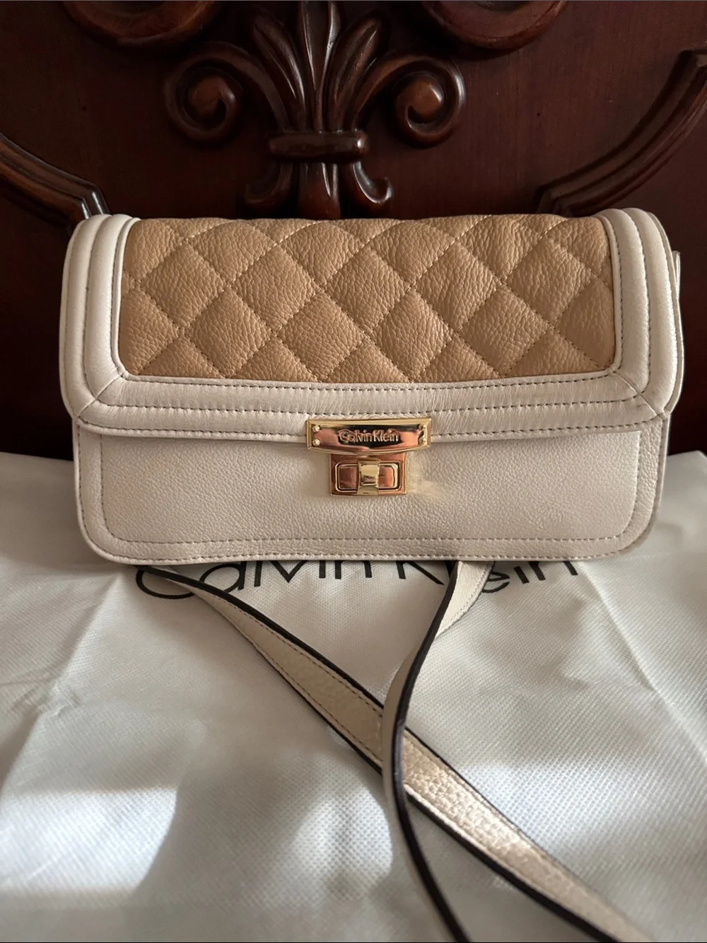 Calvin Klein Cream and Tan Quilted Flap Crossbody